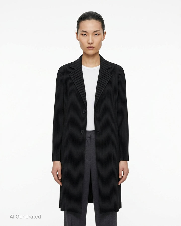 Issey Miyake Hatching Pleats long black pleated coat with notched lapel and two-button front - front