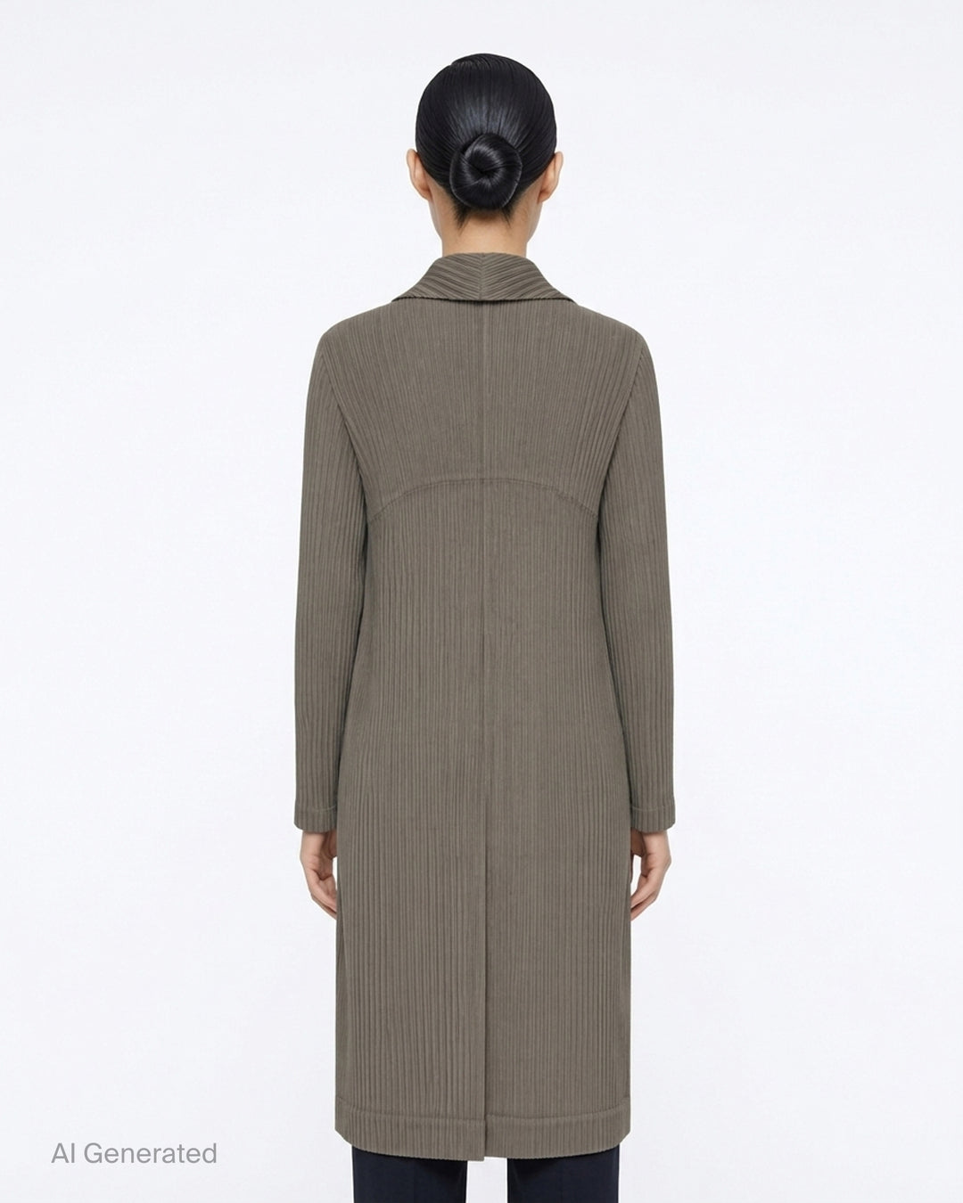 Issey Miyake Hatching Pleats long black pleated coat with notched lapel and two-button front - back