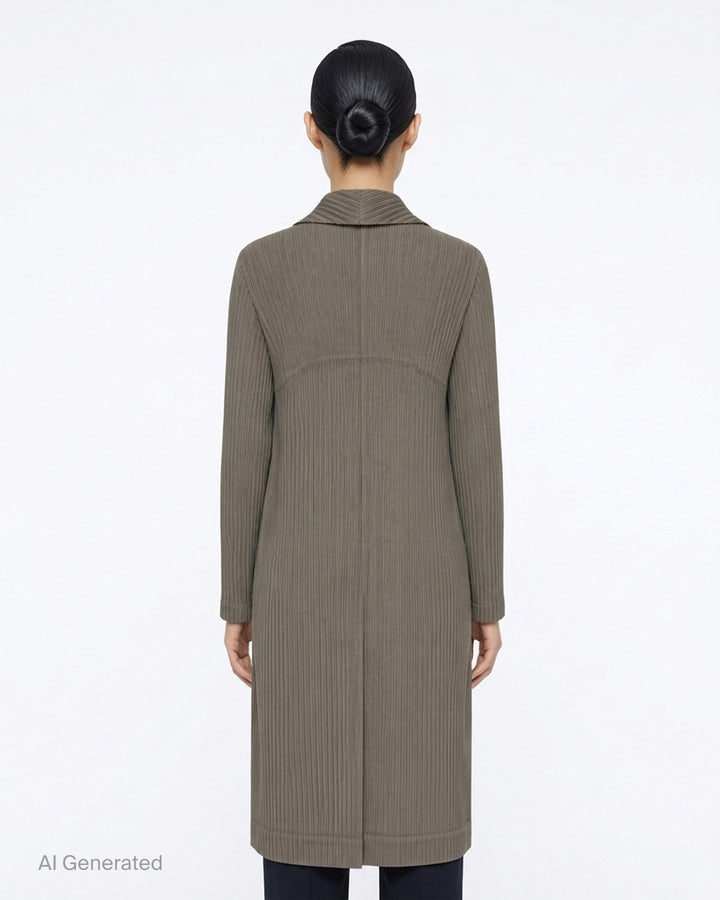 Issey Miyake Hatching Pleats long black pleated coat with notched lapel and two-button front - back