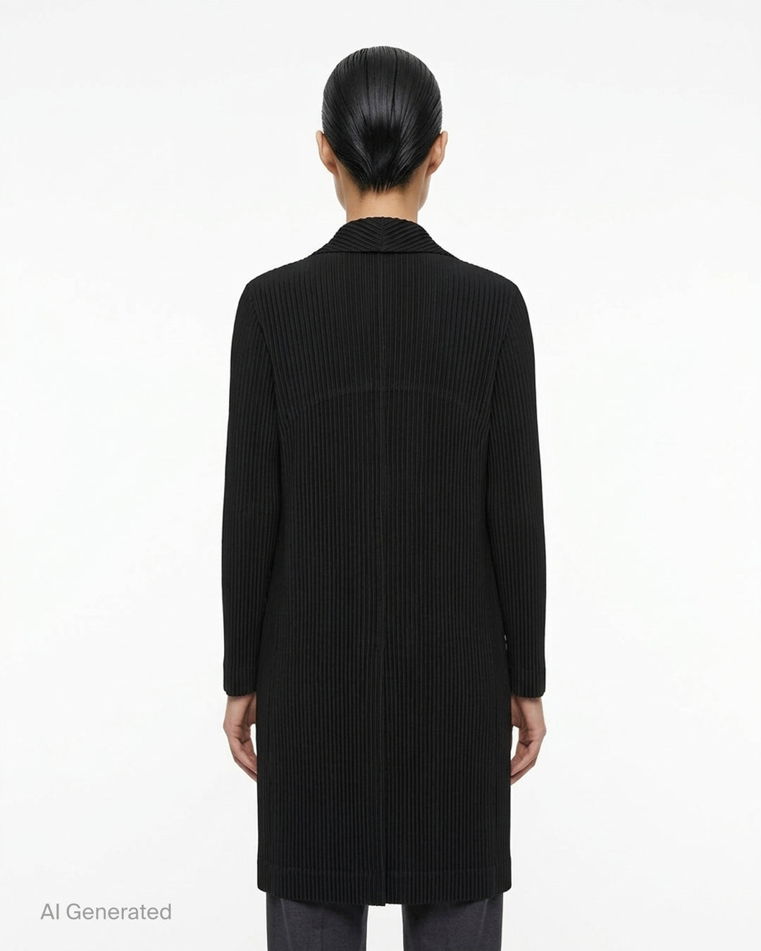 Issey Miyake Hatching Pleats long black pleated coat with notched lapel and two-button front - back