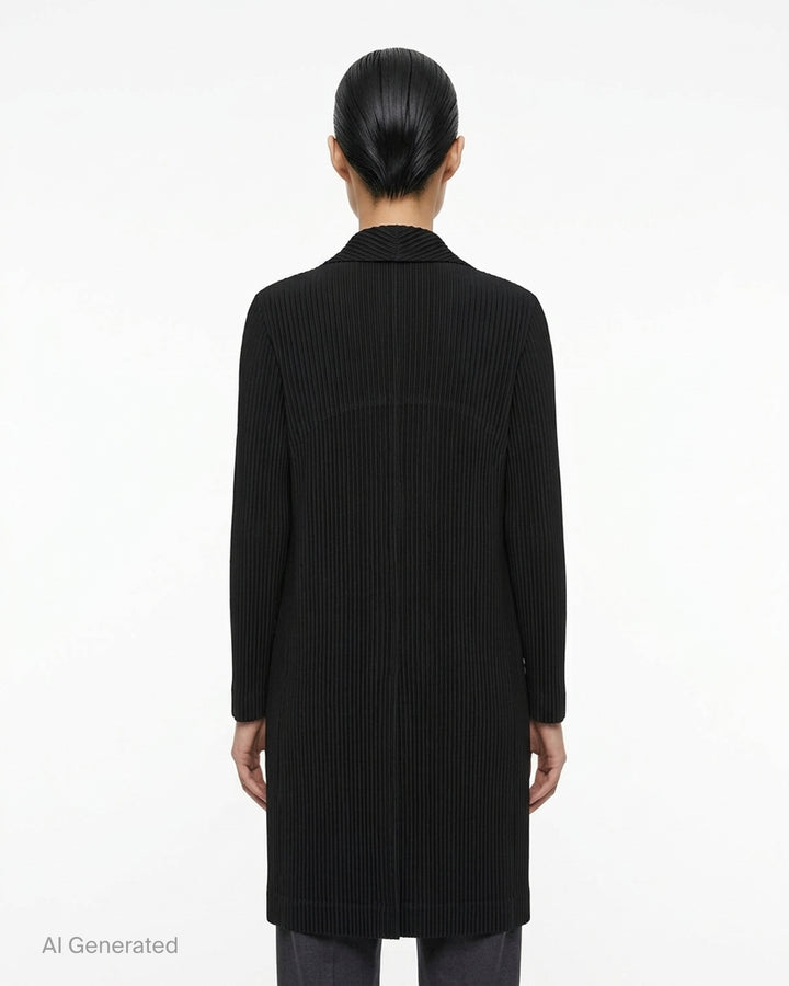 Issey Miyake Hatching Pleats long black pleated coat with notched lapel and two-button front - back