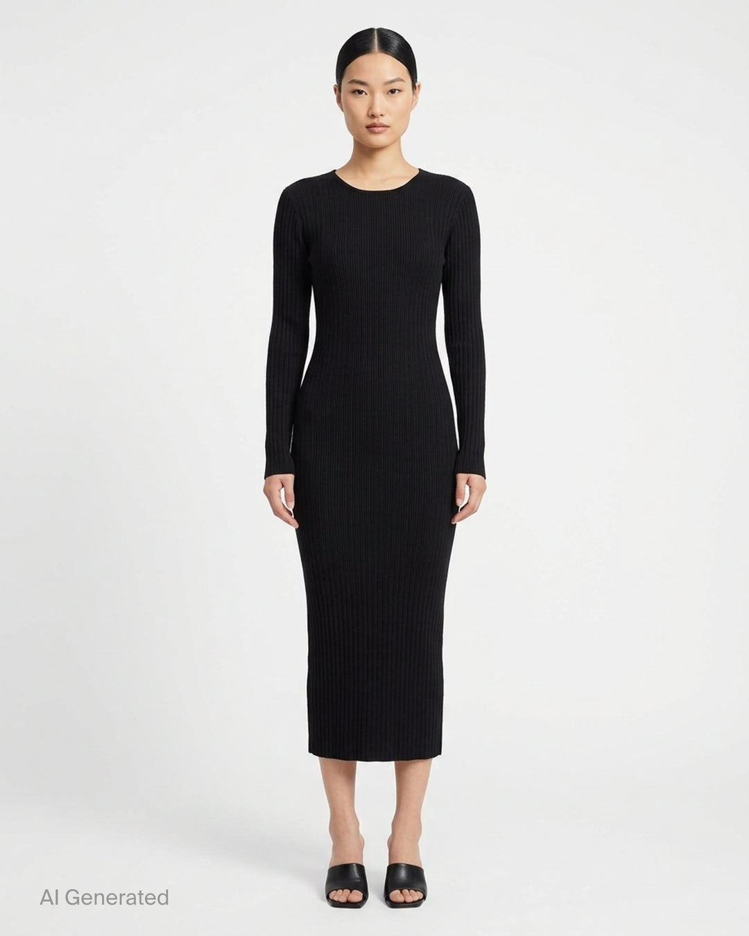 Issey Miyake Hatching Pleats black long-sleeve pleated midi dress with crew neckline, shown flat against a white background - front