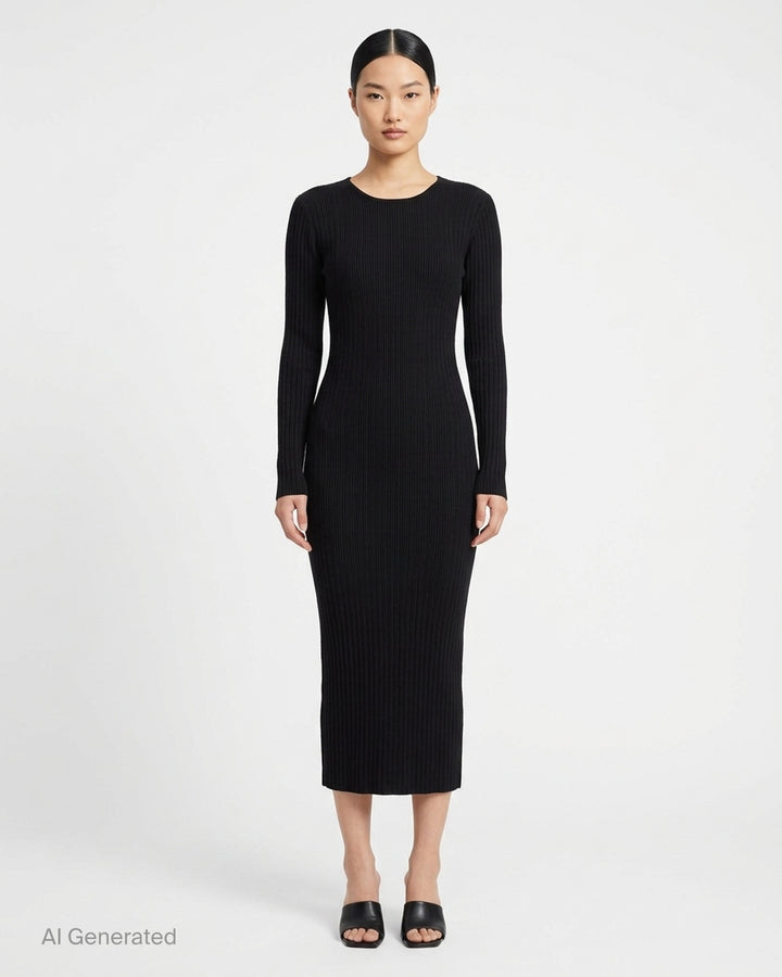 Issey Miyake Hatching Pleats black long-sleeve pleated midi dress with crew neckline, shown flat against a white background - front
