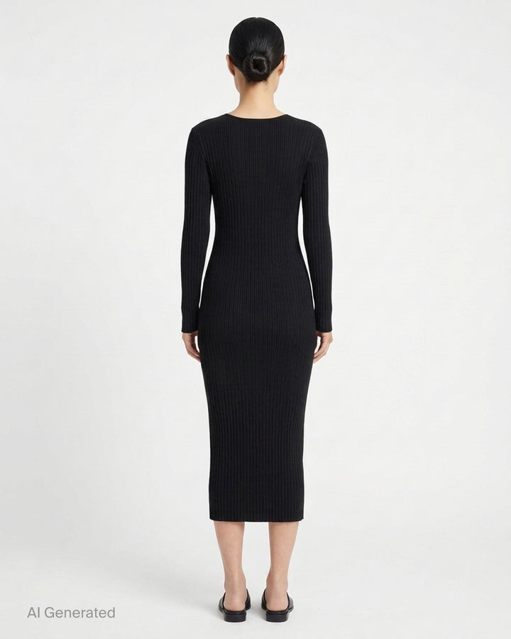 Issey Miyake Hatching Pleats black long-sleeve pleated midi dress with crew neckline, shown flat against a white background - back