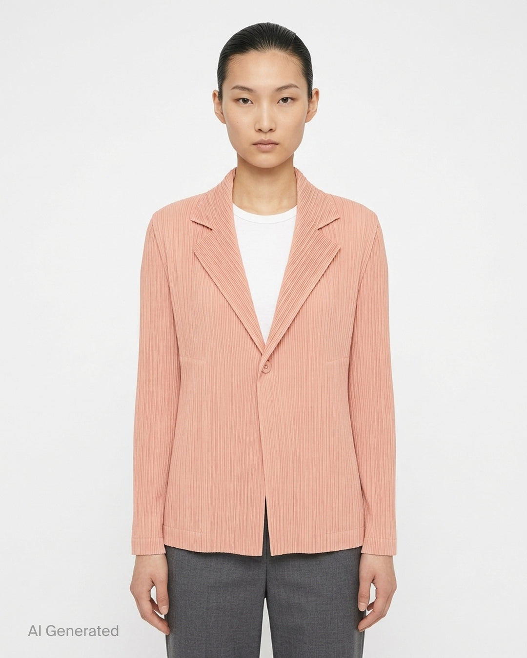 Black pleated single-button jacket with notched lapels by Issey Miyake, shown from the front - front