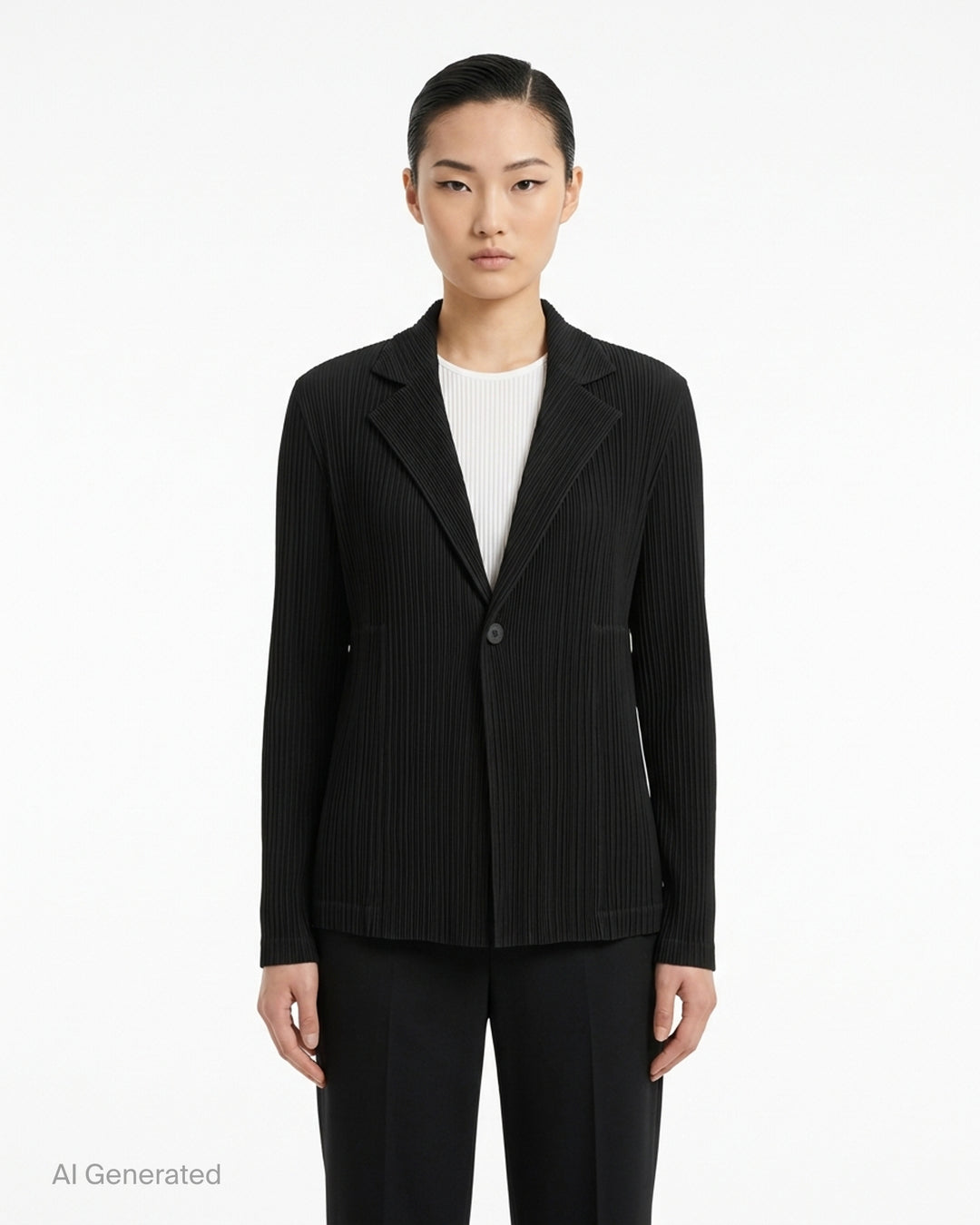 Black pleated single-button jacket with notched lapels by Issey Miyake, shown from the front - front
