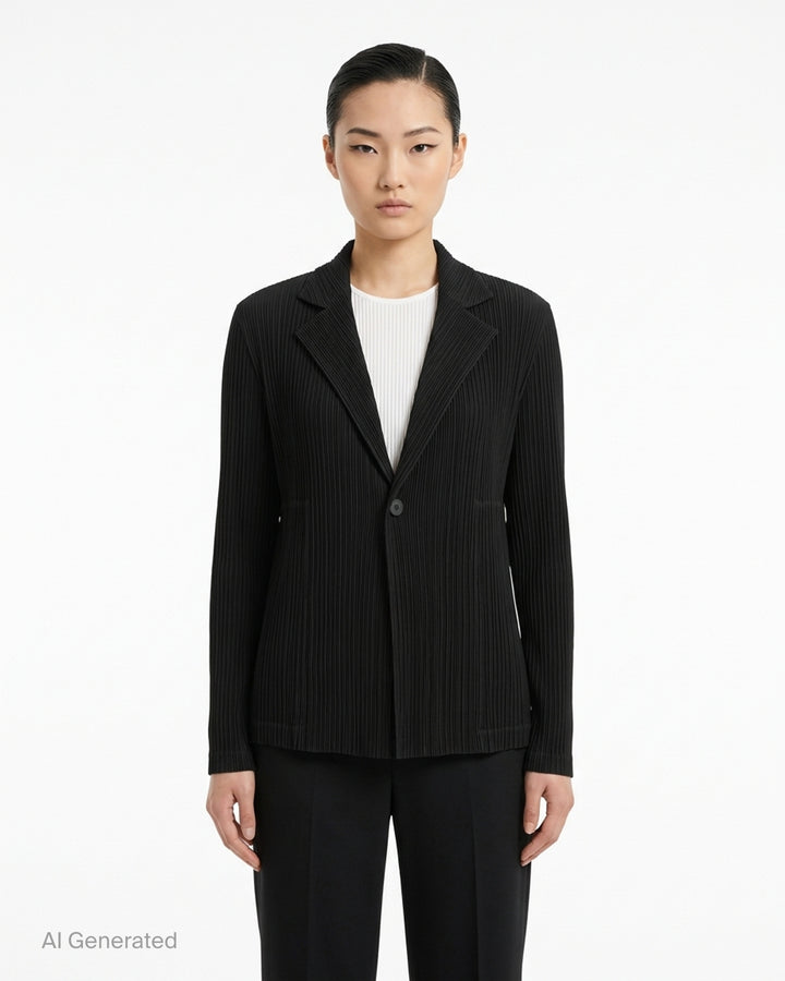 Black pleated single-button jacket with notched lapels by Issey Miyake, shown from the front - front