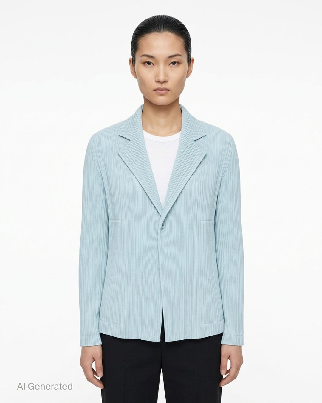Black pleated single-button jacket with notched lapels by Issey Miyake, shown from the front - front
