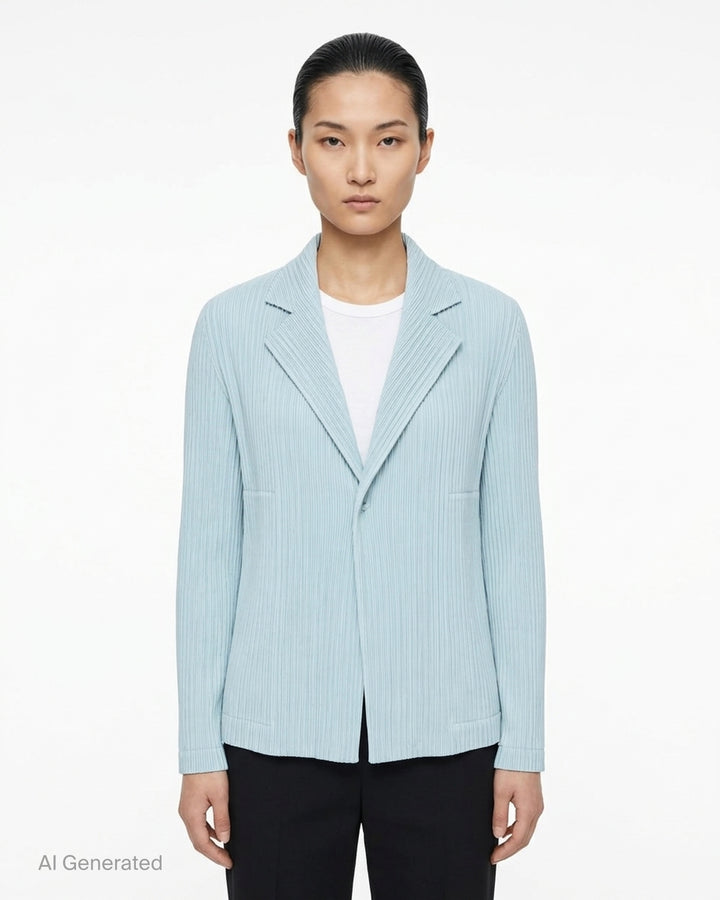 Black pleated single-button jacket with notched lapels by Issey Miyake, shown from the front - front
