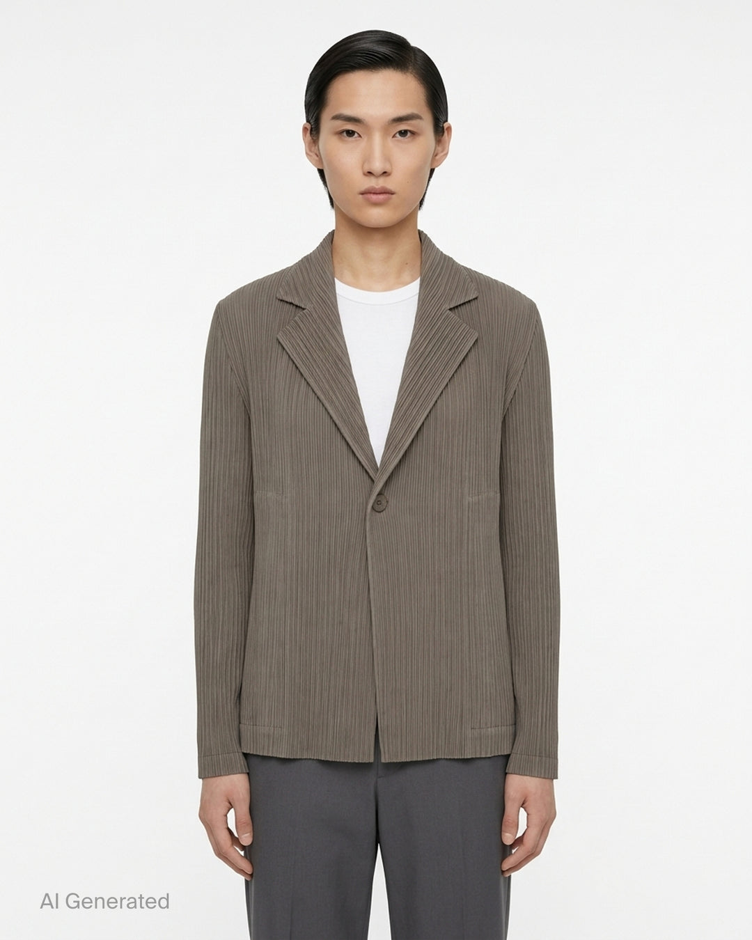 Black pleated single-button jacket with notched lapels by Issey Miyake, shown from the front - front