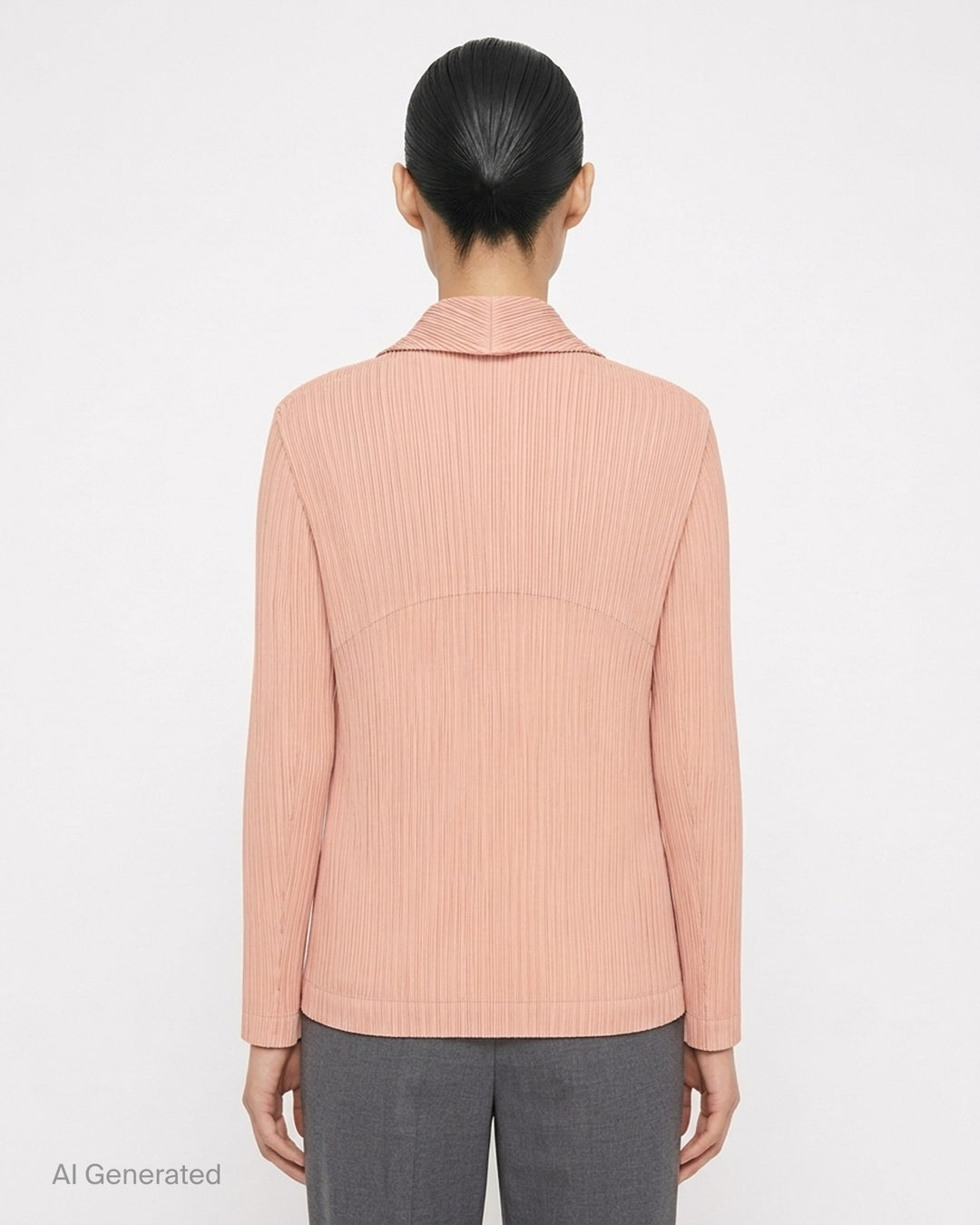 Black pleated single-button jacket with notched lapels by Issey Miyake, shown from the front - back