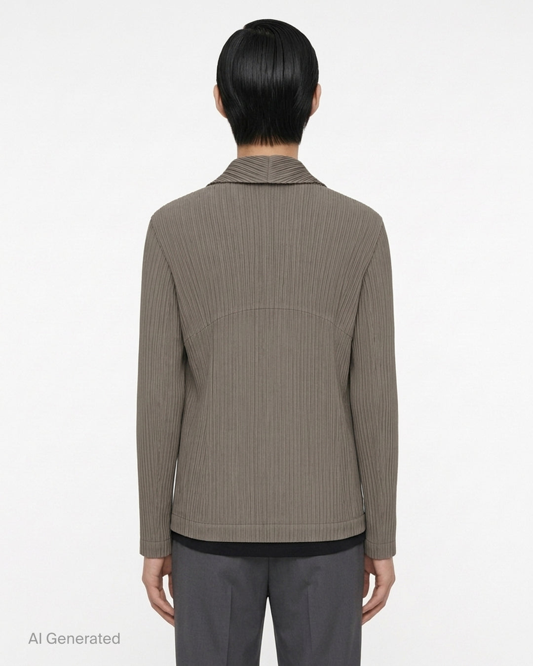 Black pleated single-button jacket with notched lapels by Issey Miyake, shown from the front - back
