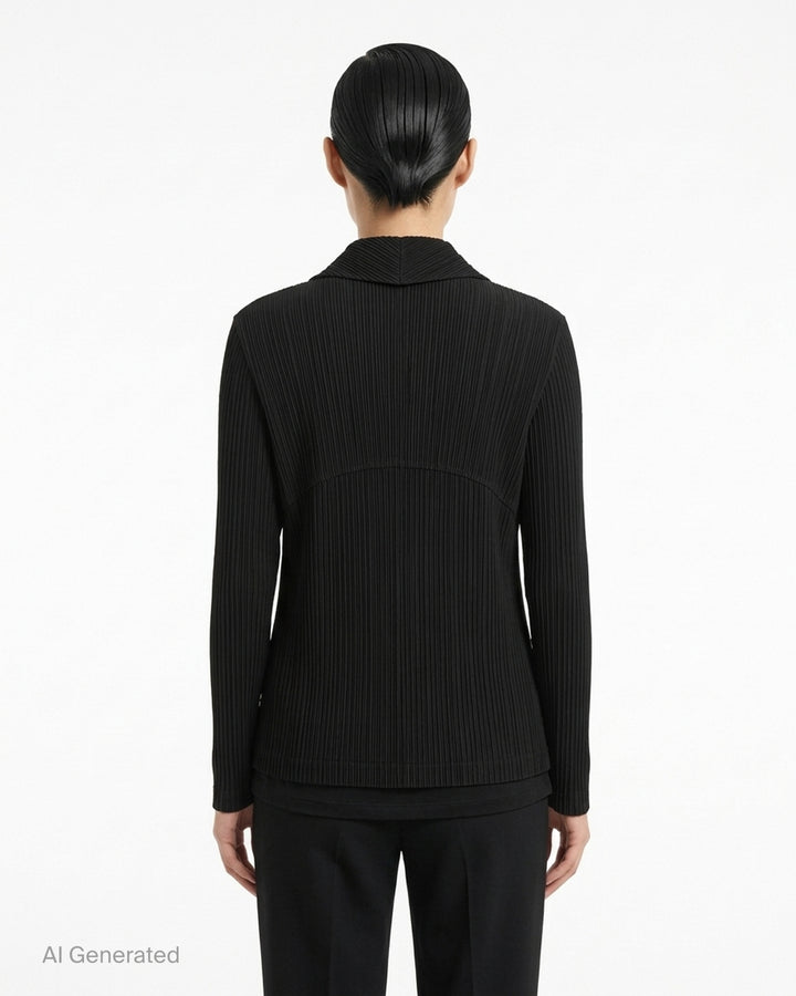 Black pleated single-button jacket with notched lapels by Issey Miyake, shown from the front - back