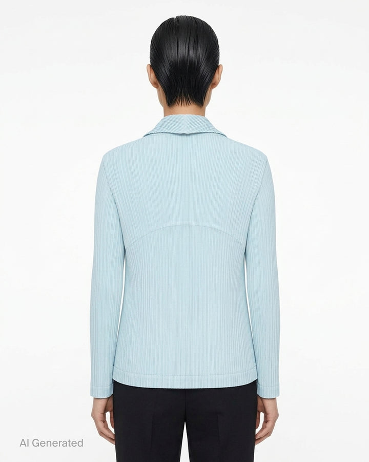 Black pleated single-button jacket with notched lapels by Issey Miyake, shown from the front - back