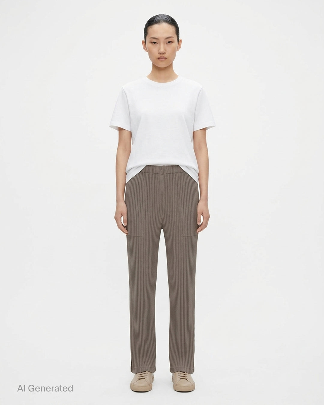 Issey Miyake Hatching Pleats pleated pants in muted taupe-grey with elasticated waist, patch pockets and straight leg, front view - front