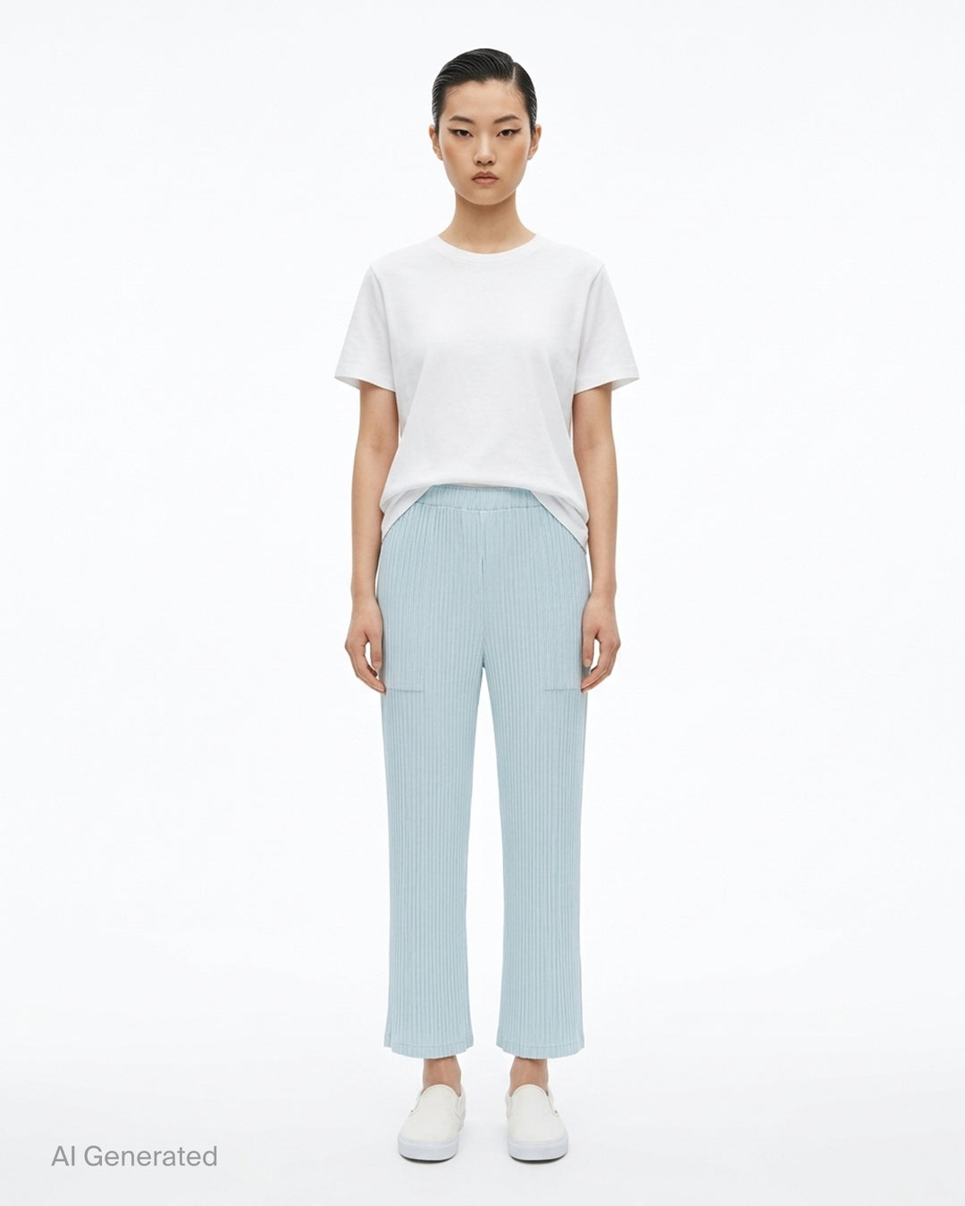 Issey Miyake Hatching Pleats pleated pants in muted taupe-grey with elasticated waist, patch pockets and straight leg, front view - front