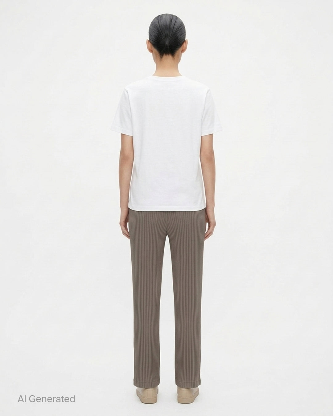 Issey Miyake Hatching Pleats pleated pants in muted taupe-grey with elasticated waist, patch pockets and straight leg, front view - back