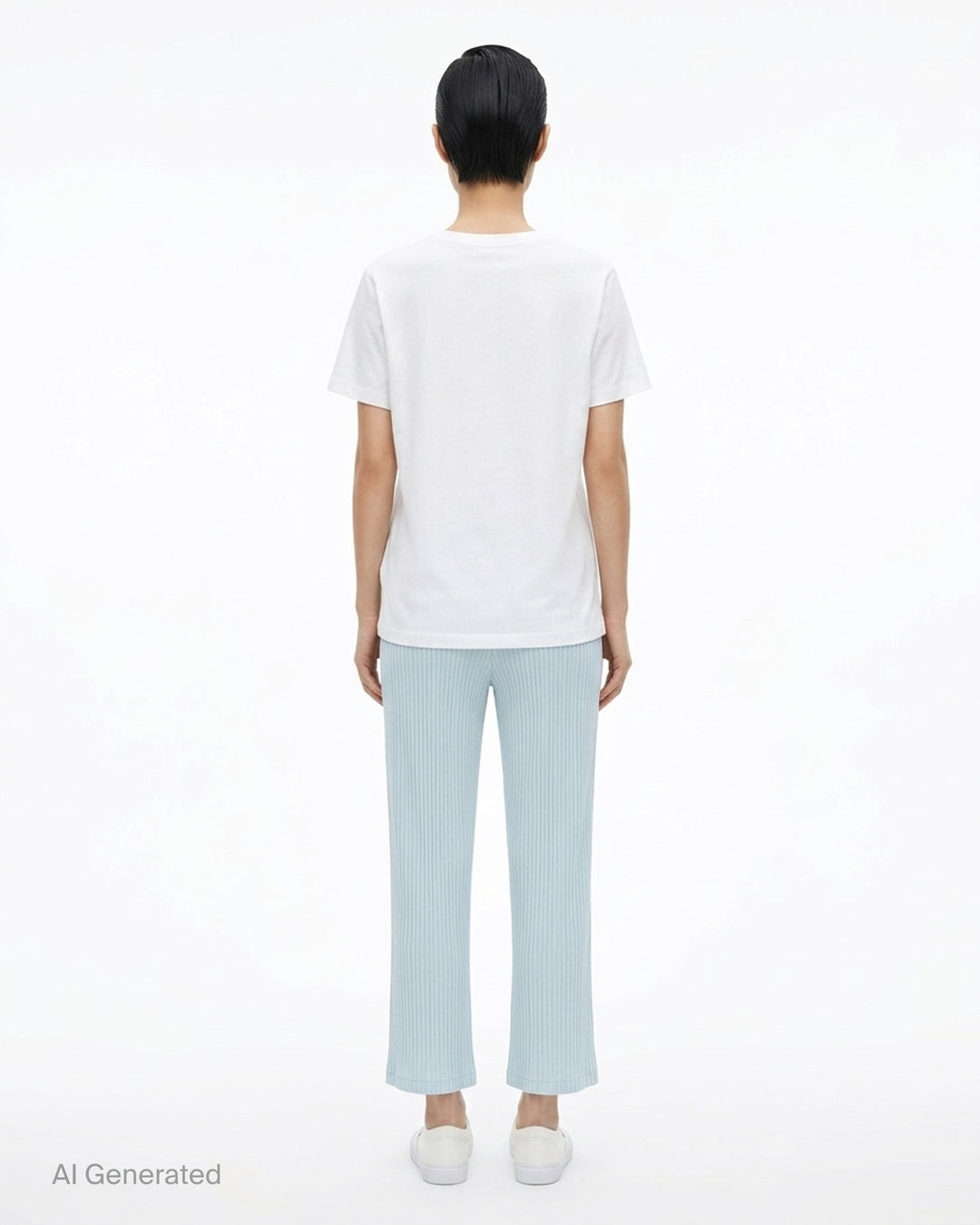 Issey Miyake Hatching Pleats pleated pants in muted taupe-grey with elasticated waist, patch pockets and straight leg, front view - back