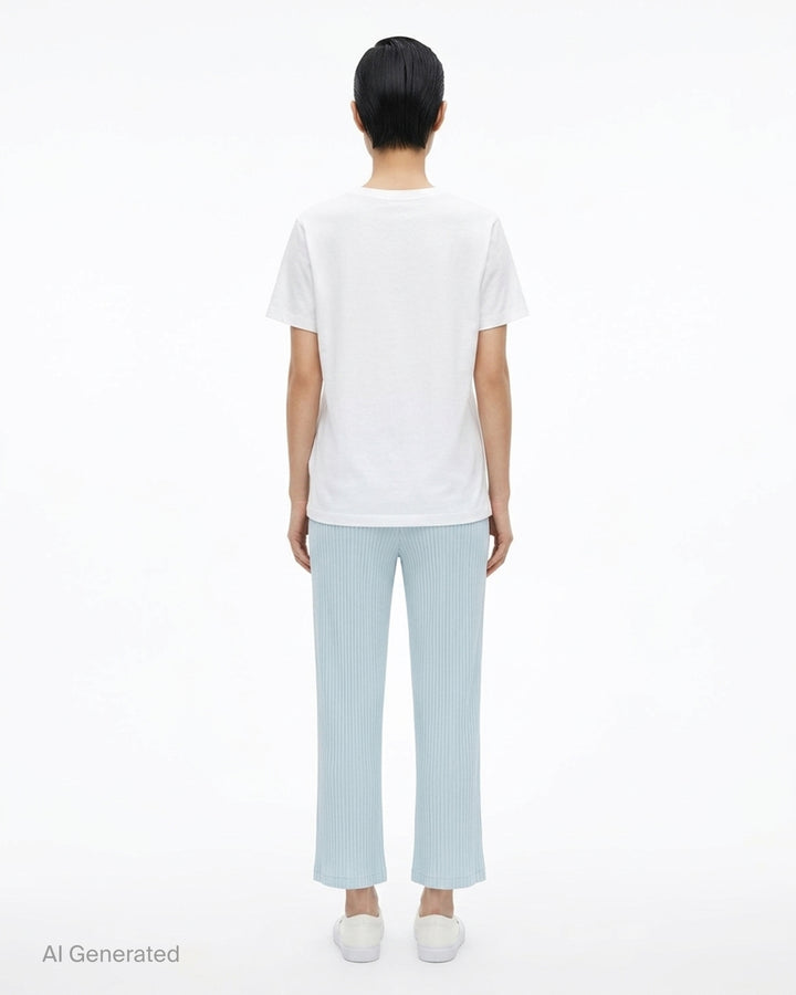 Issey Miyake Hatching Pleats pleated pants in muted taupe-grey with elasticated waist, patch pockets and straight leg, front view - back
