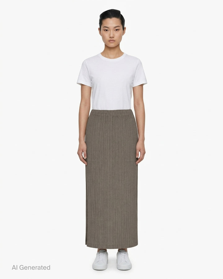 Issey Miyake Hatching Pleats black pleated midi skirt with elasticated waist, front view - front