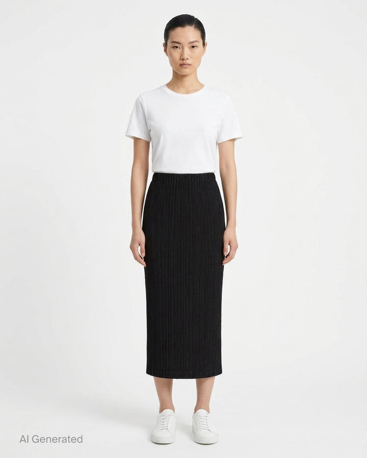 Issey Miyake Hatching Pleats black pleated midi skirt with elasticated waist, front view - front