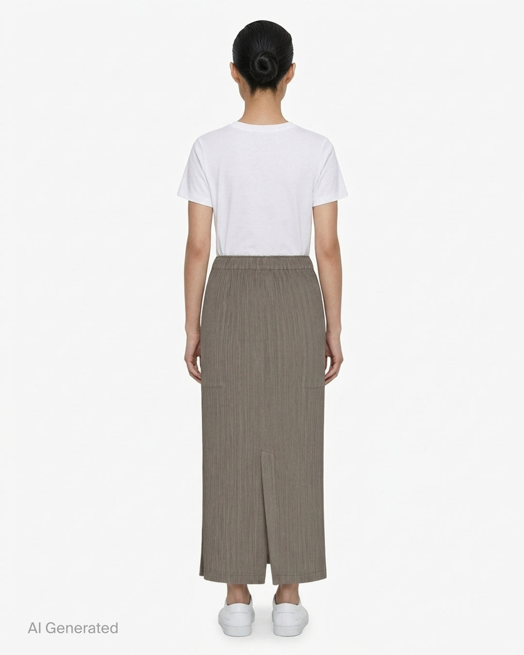 Issey Miyake Hatching Pleats black pleated midi skirt with elasticated waist, front view - back