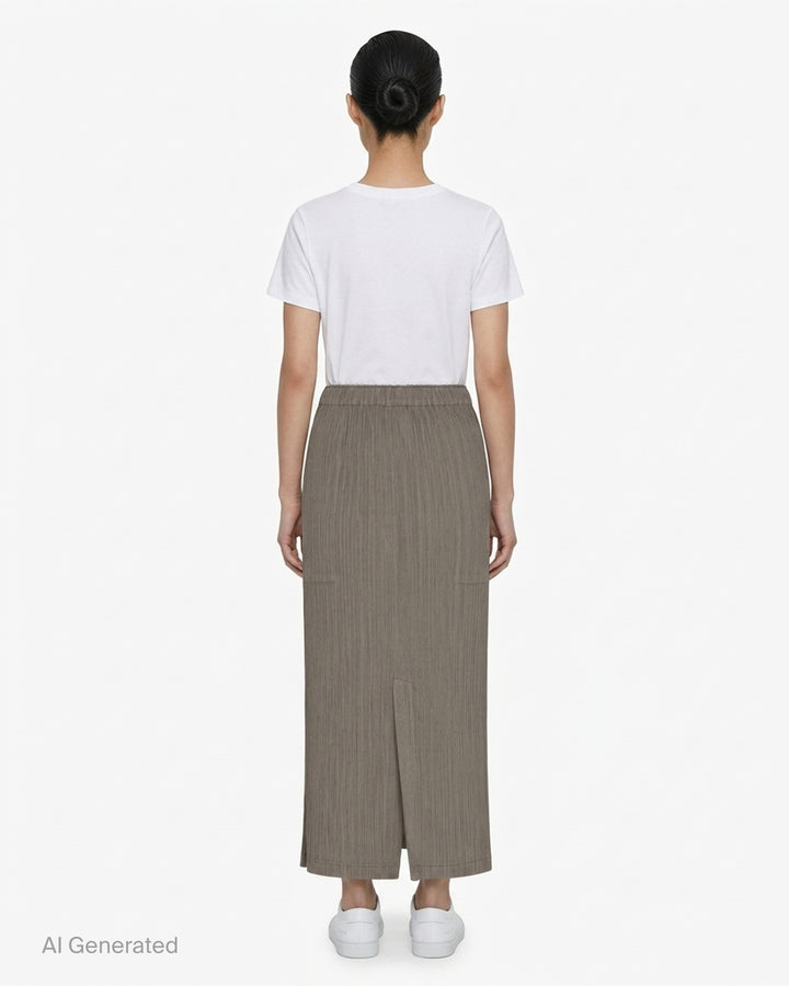 Issey Miyake Hatching Pleats black pleated midi skirt with elasticated waist, front view - back