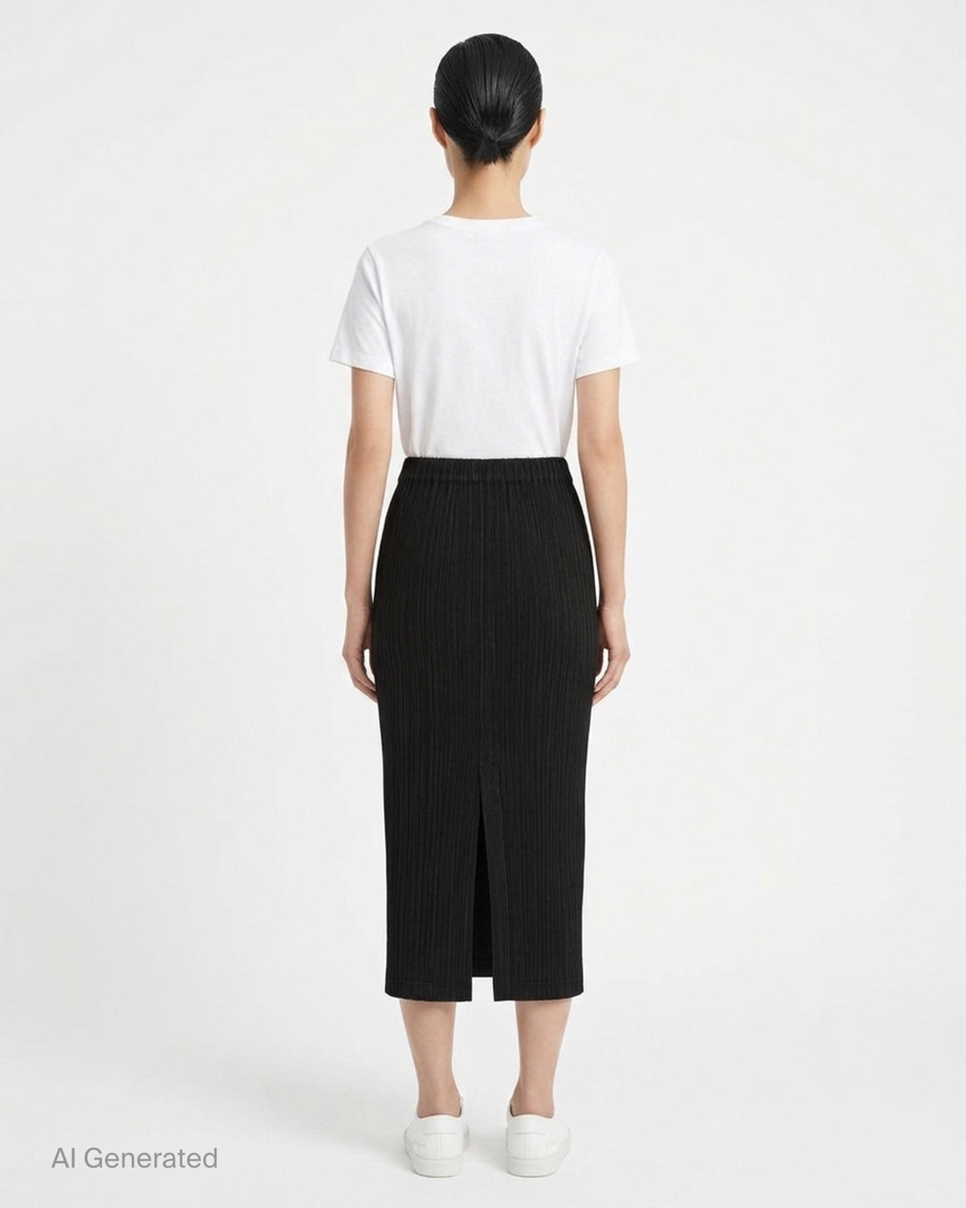 Issey Miyake Hatching Pleats black pleated midi skirt with elasticated waist, front view - back