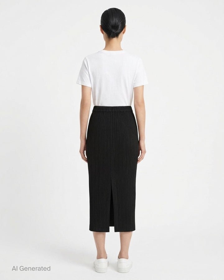 Issey Miyake Hatching Pleats black pleated midi skirt with elasticated waist, front view - back