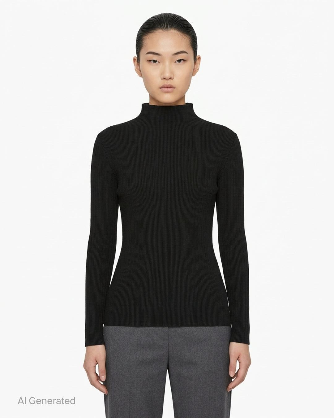 Issey Miyake Hatching Pleats black long sleeve mock-neck pleated top, front view - front