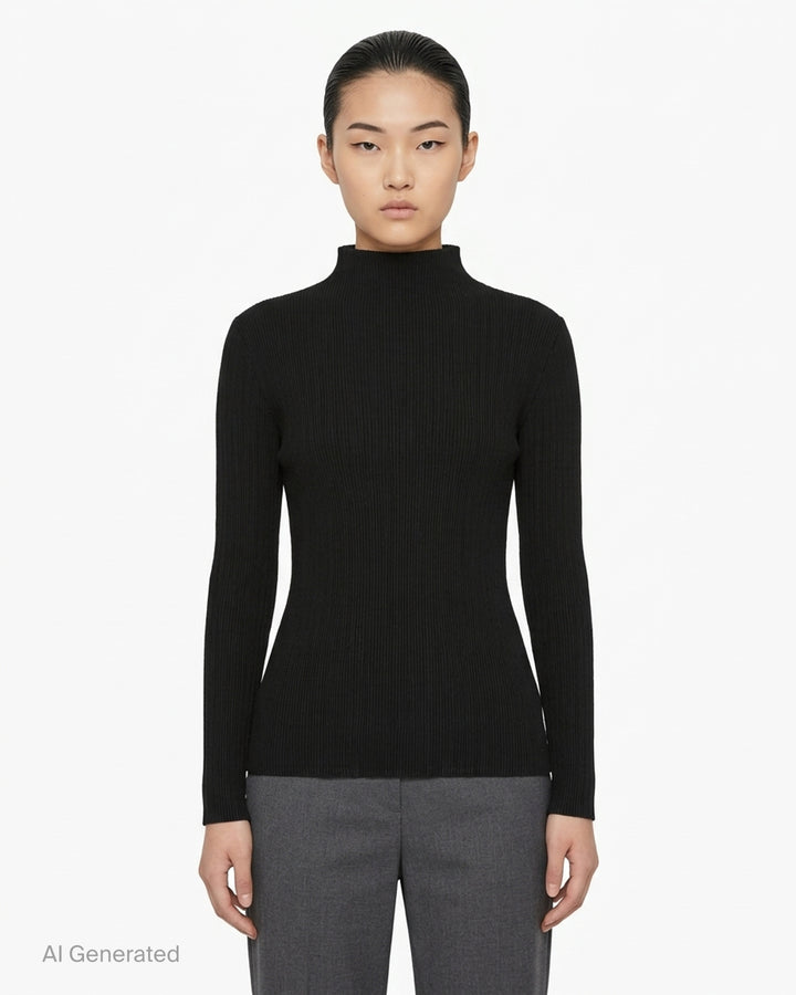Issey Miyake Hatching Pleats black long sleeve mock-neck pleated top, front view - front