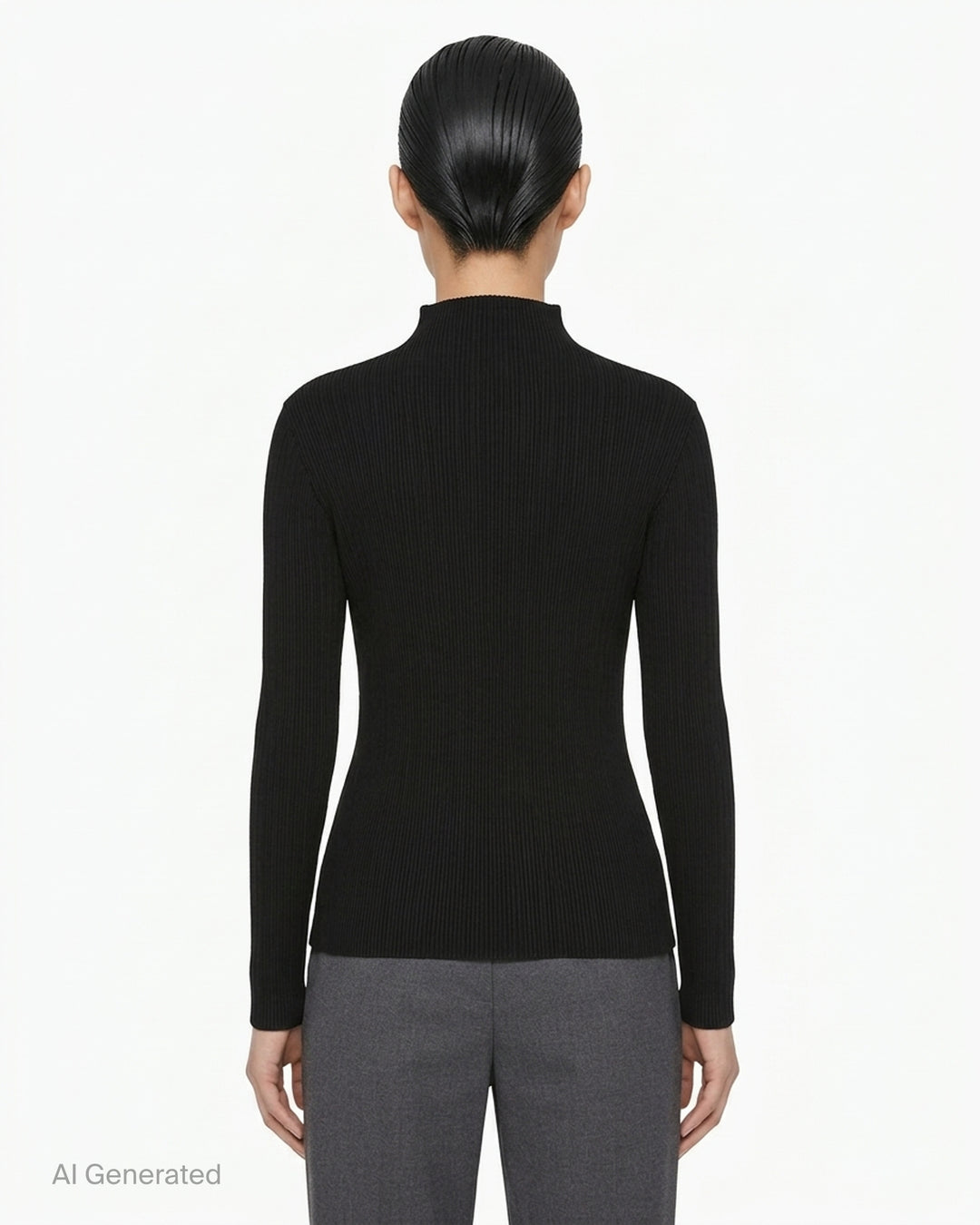 Issey Miyake Hatching Pleats black long sleeve mock-neck pleated top, front view - back