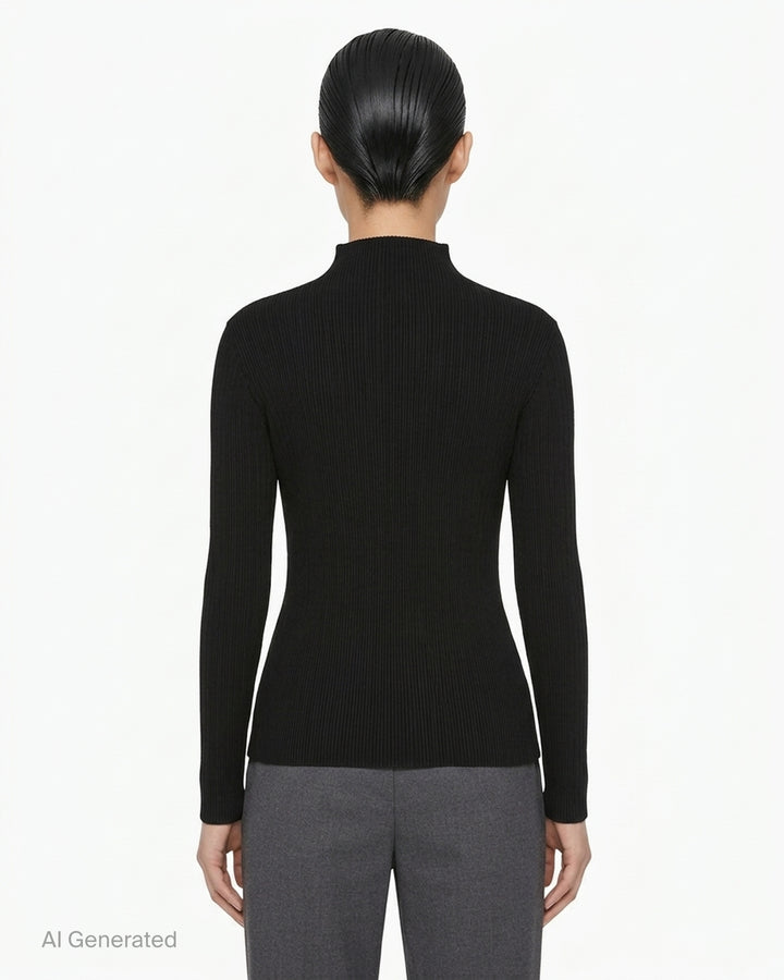 Issey Miyake Hatching Pleats black long sleeve mock-neck pleated top, front view - back