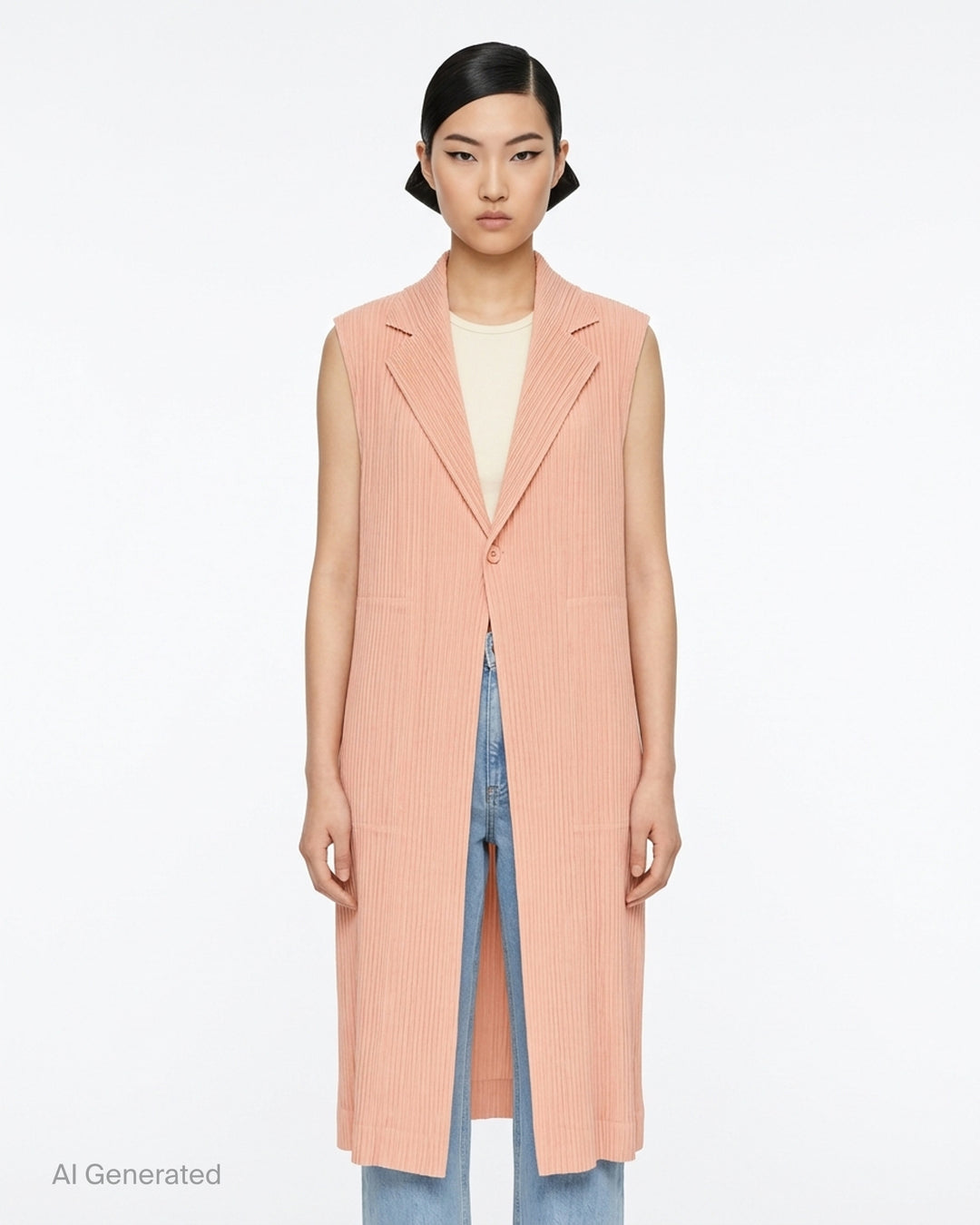 Issey Miyake Hatching Pleats long sleeveless vest in blush pink with notched lapel, single button and hip pockets in fine vertical pleats - front