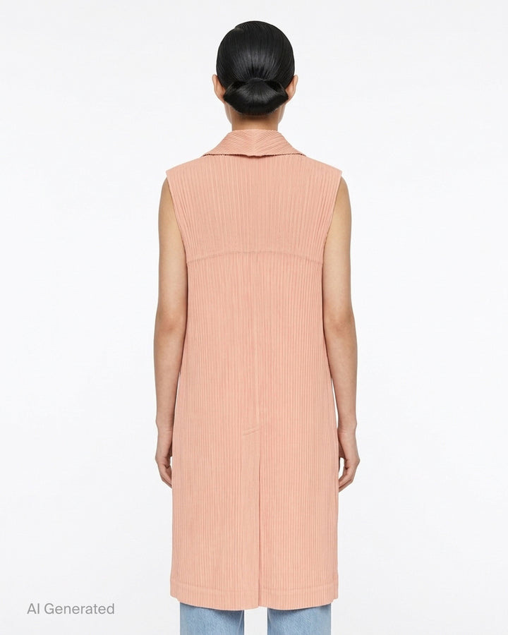 Issey Miyake Hatching Pleats long sleeveless vest in blush pink with notched lapel, single button and hip pockets in fine vertical pleats - back