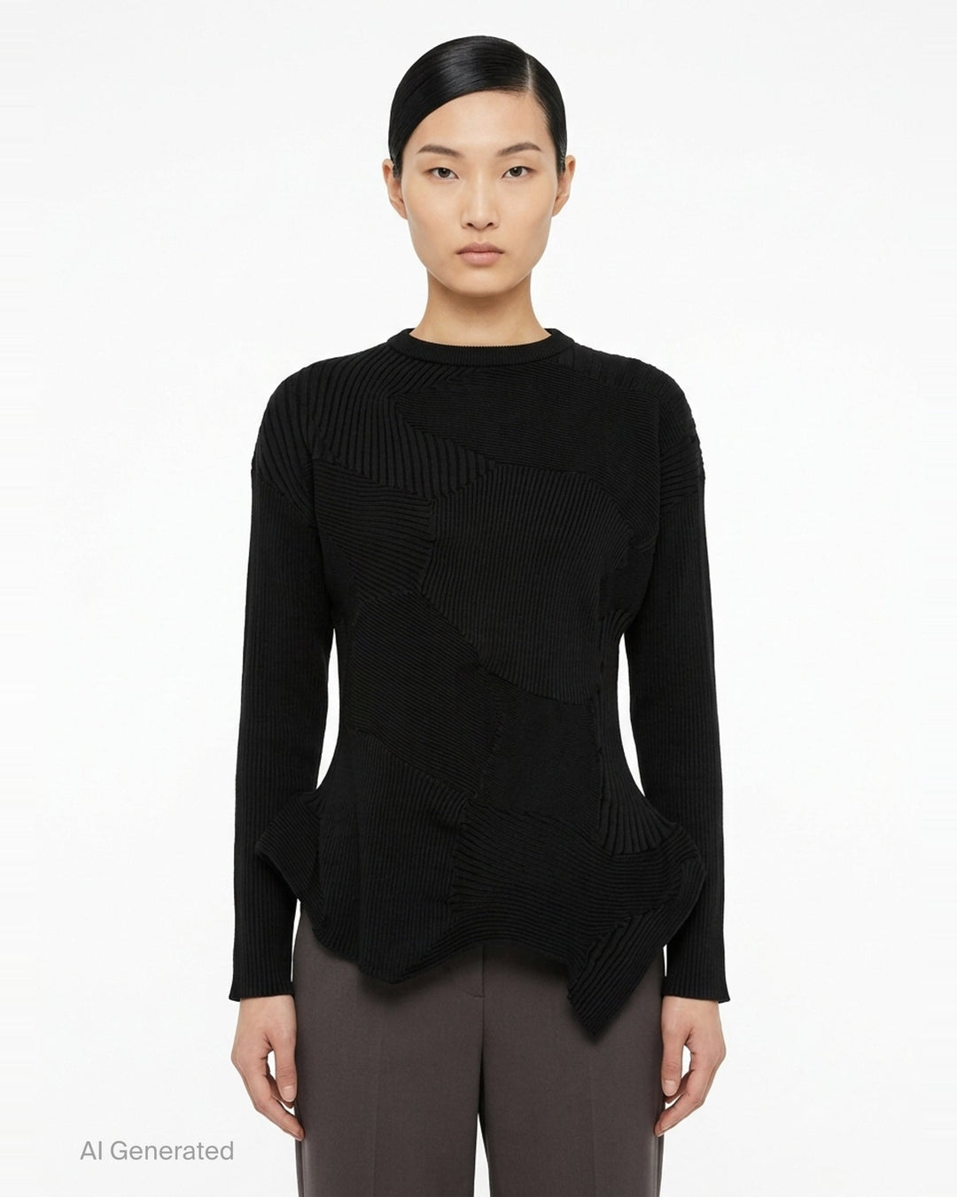 Issey Miyake KONE KONE black knit top with multi-directional ribbed panels, asymmetric pointed hem, and long sleeves — rear view on white background - front