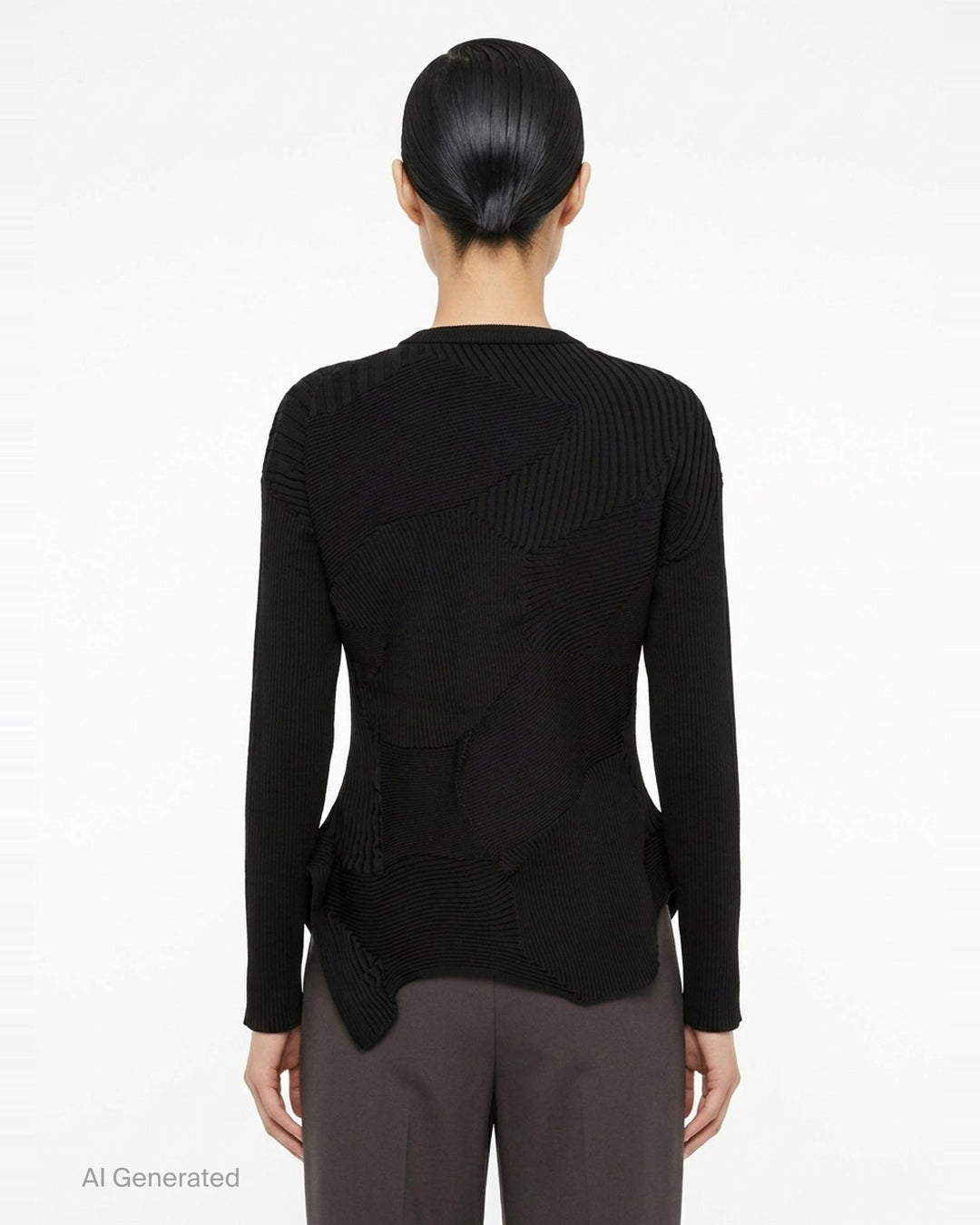 Issey Miyake KONE KONE black knit top with multi-directional ribbed panels, asymmetric pointed hem, and long sleeves — rear view on white background - back
