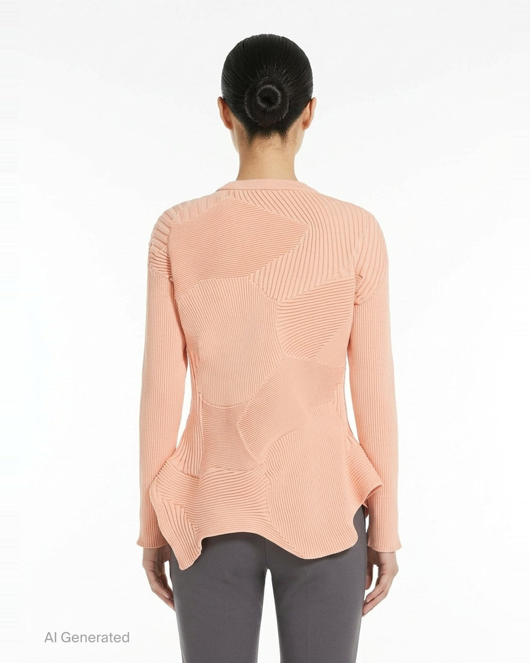 Issey Miyake KONE KONE black knit top with multi-directional ribbed panels, asymmetric pointed hem, and long sleeves — rear view on white background - back