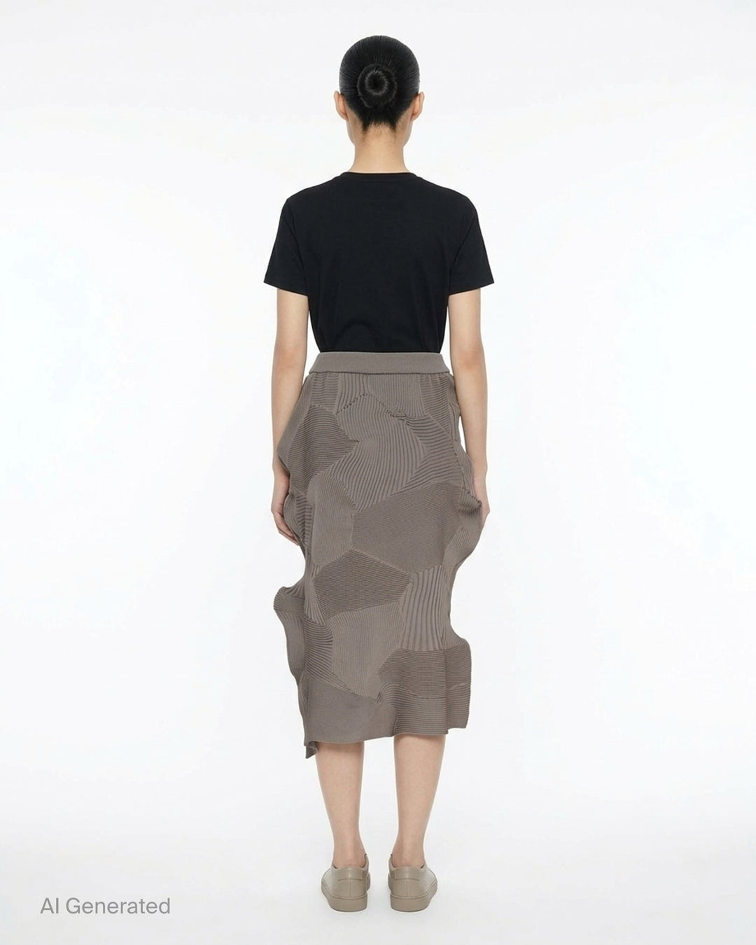 Issey Miyake KONE KONE black sculptural ribbed knit skirt with three-dimensional alternating pleated panels and an asymmetric hem, shot flat on a white background - back