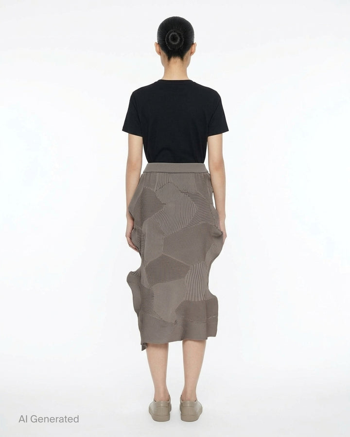 Issey Miyake KONE KONE black sculptural ribbed knit skirt with three-dimensional alternating pleated panels and an asymmetric hem, shot flat on a white background - back