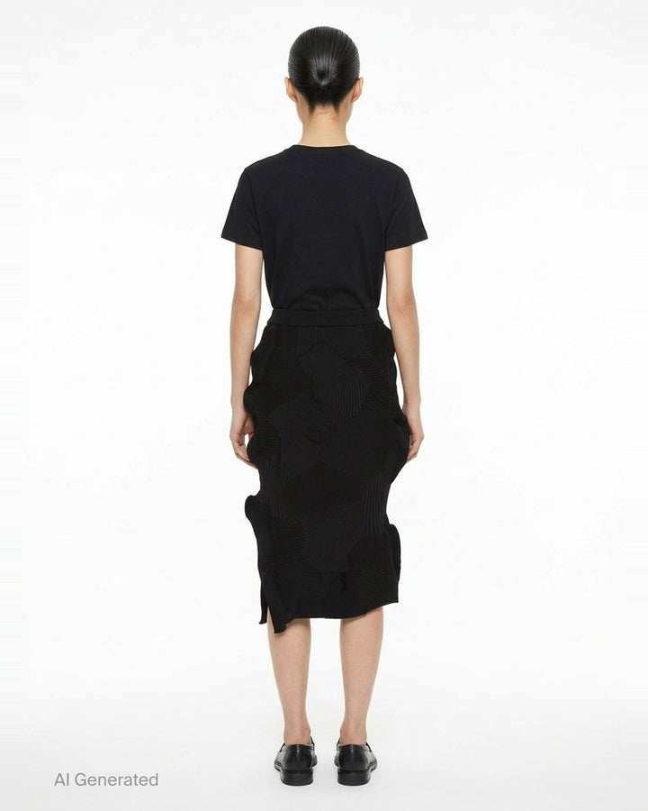 Issey Miyake KONE KONE black sculptural ribbed knit skirt with three-dimensional alternating pleated panels and an asymmetric hem, shot flat on a white background - back