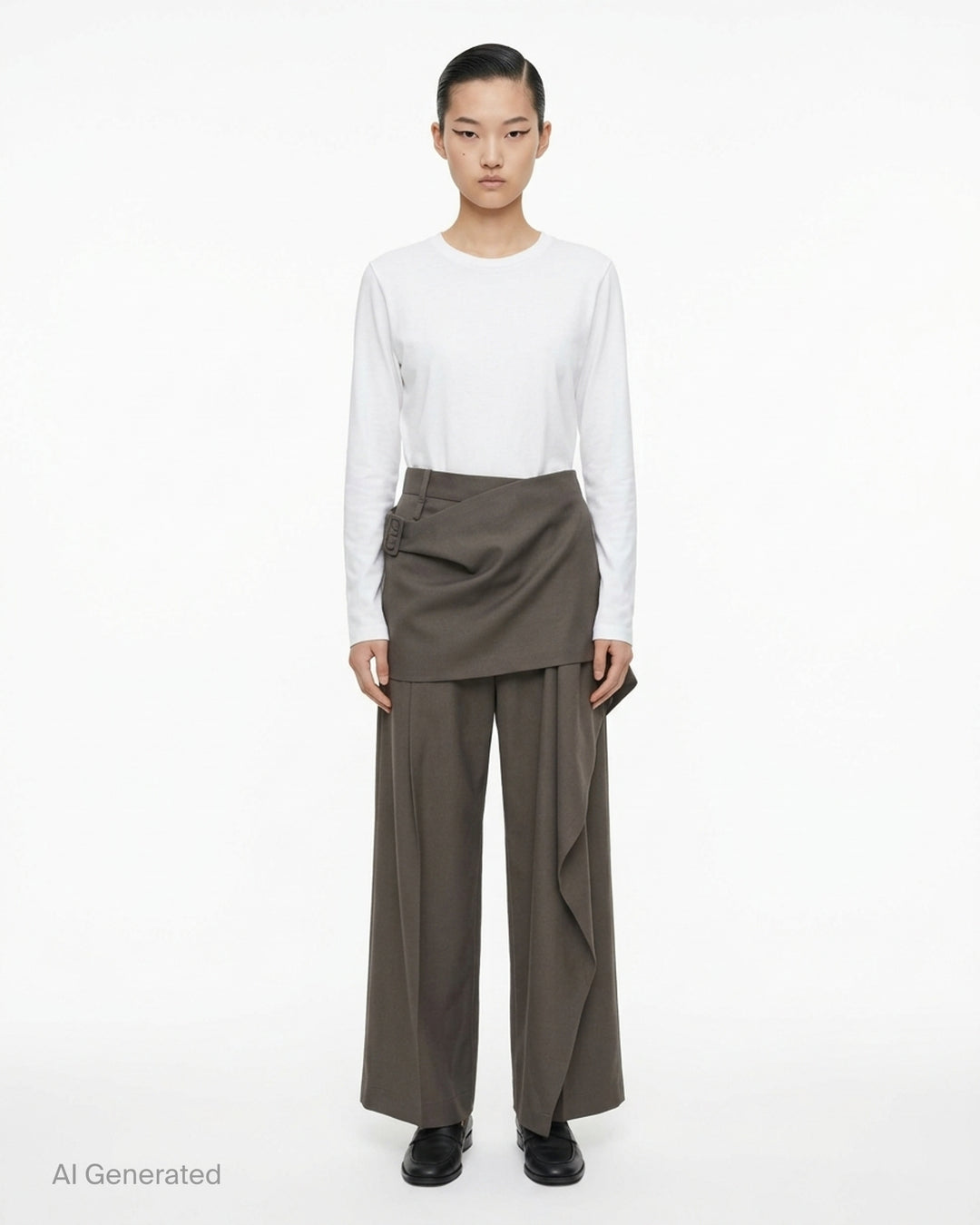Issey Miyake Lustrous Wool Pants in black, featuring a wide-leg silhouette and asymmetric draped skirt overlay cascading from the high waist - front