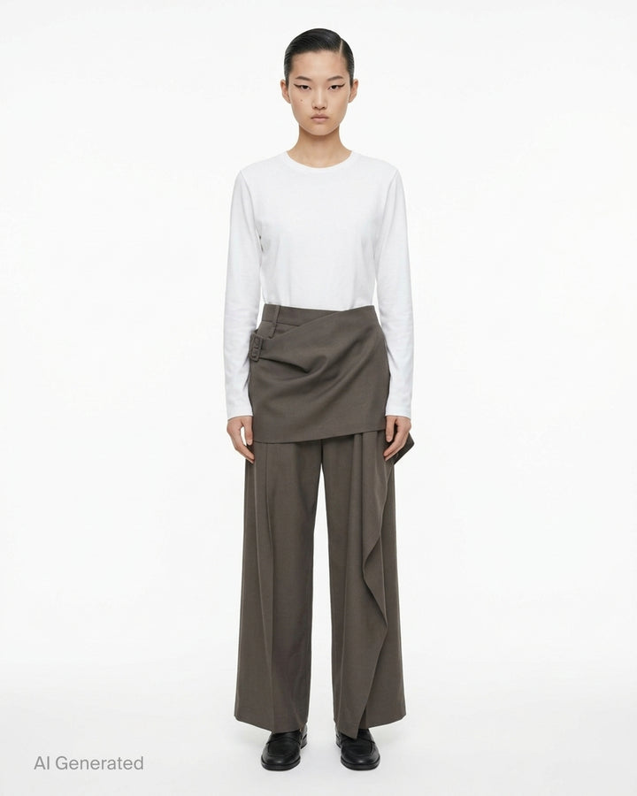 Issey Miyake Lustrous Wool Pants in black, featuring a wide-leg silhouette and asymmetric draped skirt overlay cascading from the high waist - front