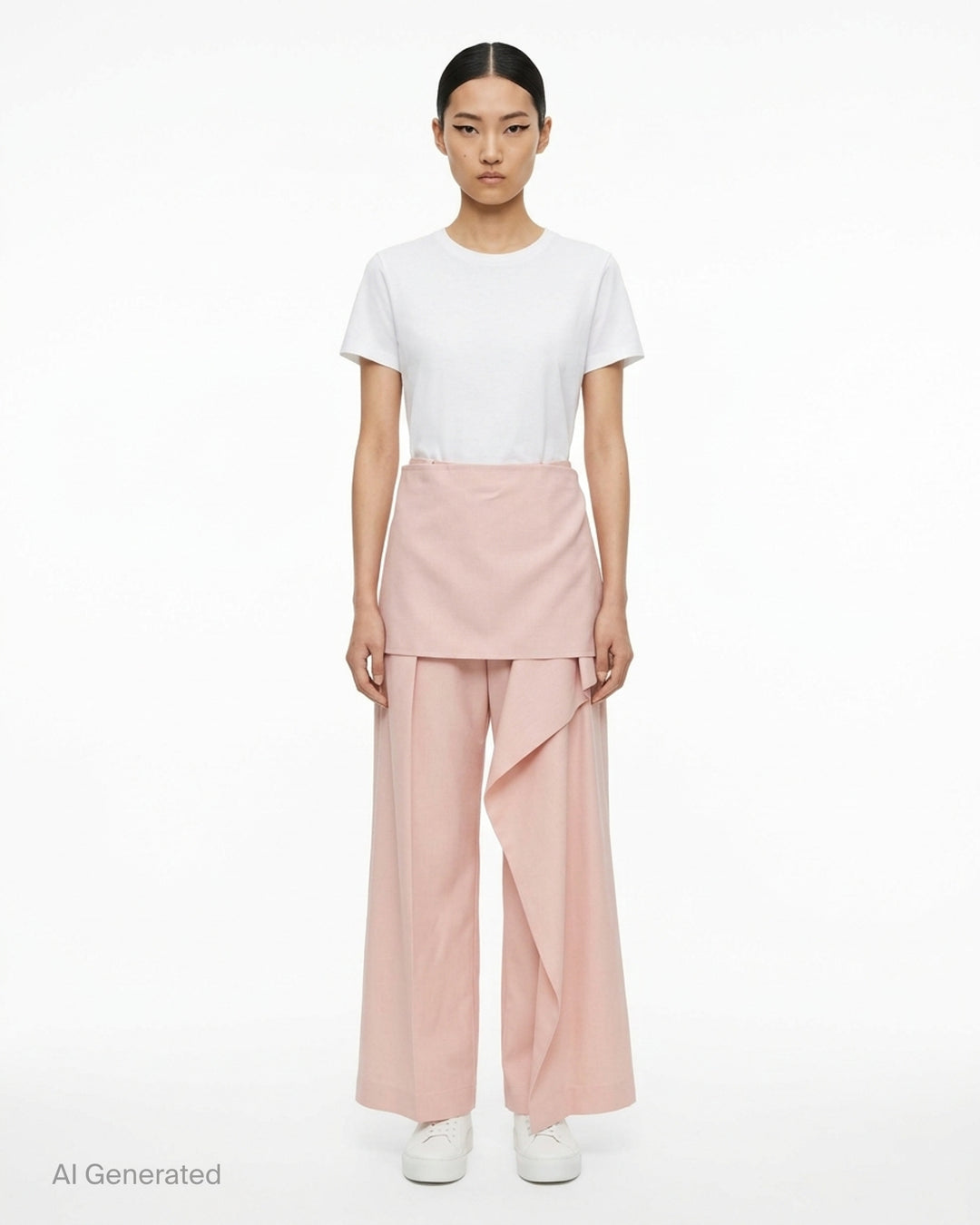Issey Miyake Lustrous Wool Pants in black, featuring a wide-leg silhouette and asymmetric draped skirt overlay cascading from the high waist - front