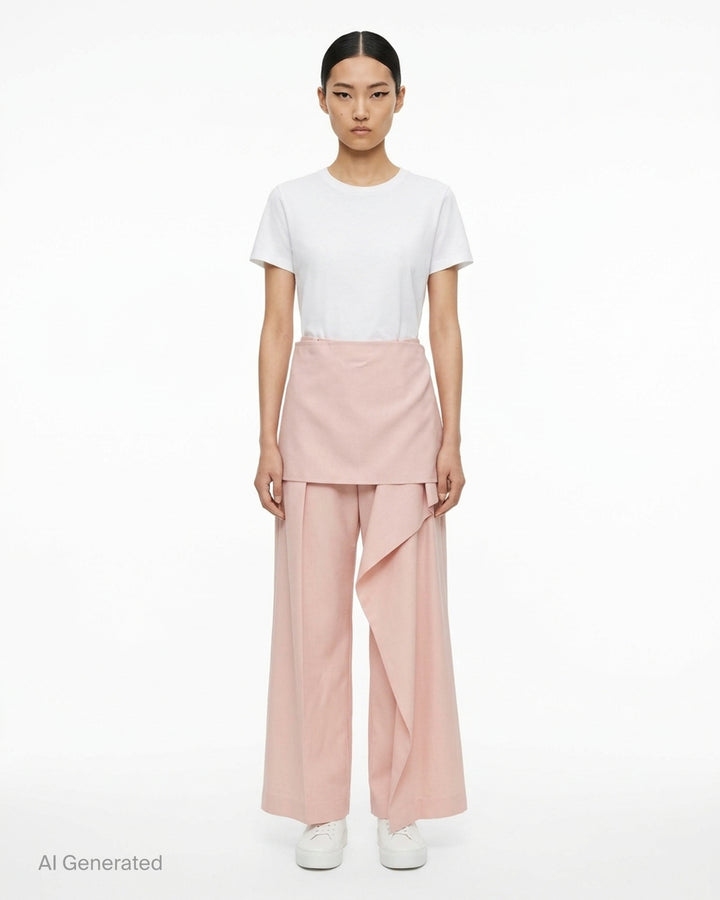 Issey Miyake Lustrous Wool Pants in black, featuring a wide-leg silhouette and asymmetric draped skirt overlay cascading from the high waist - front