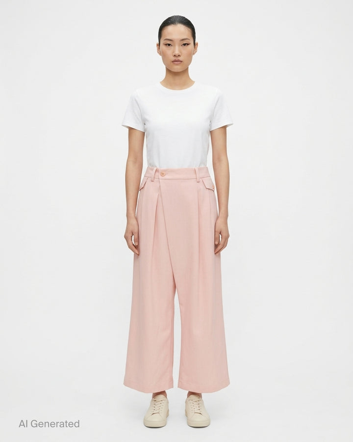 Issey Miyake Lustrous Wool Pants in black, featuring a wide-leg cropped silhouette, double front pleats, button-tab waistband, and welt rear pockets with button tab detail - front