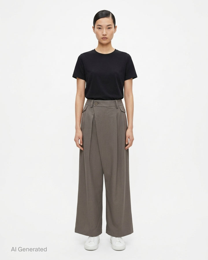 Issey Miyake Lustrous Wool Pants in black, featuring a wide-leg cropped silhouette, double front pleats, button-tab waistband, and welt rear pockets with button tab detail - front