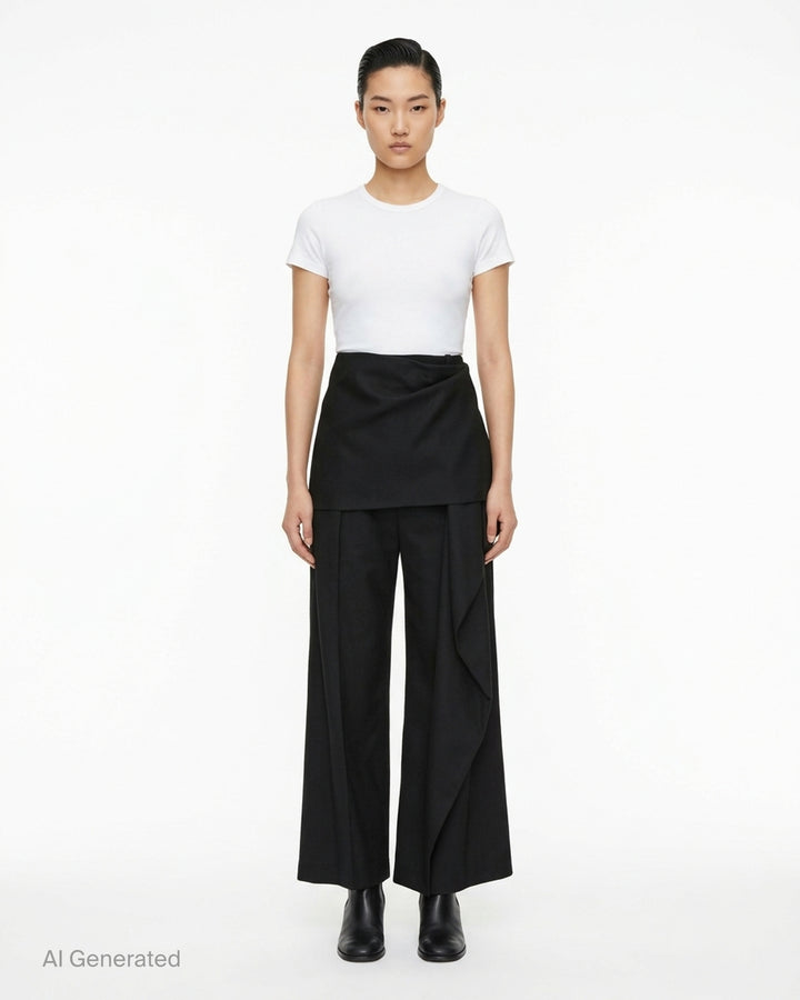 Issey Miyake Lustrous Wool Pants in black, featuring a wide-leg silhouette and asymmetric draped skirt overlay cascading from the high waist - front