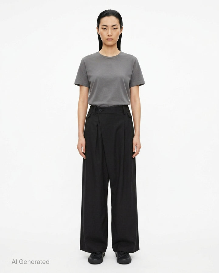 Issey Miyake Lustrous Wool Pants in black, featuring a wide-leg cropped silhouette, double front pleats, button-tab waistband, and welt rear pockets with button tab detail - front