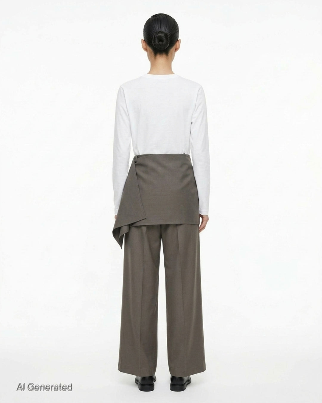 Issey Miyake Lustrous Wool Pants in black, featuring a wide-leg silhouette and asymmetric draped skirt overlay cascading from the high waist - back